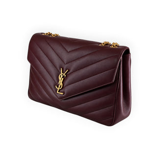 Saint Laurent Burgundy Large Loulou Chevron Quilted Leather Shoulder Bag with Gold-Tone Hardware