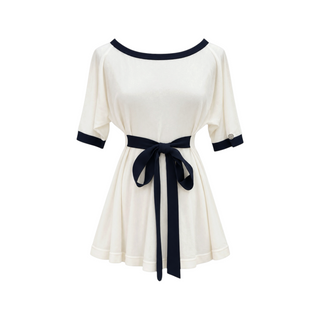 Chanel Ivory and Navy Blue Contrast Trim Belted Mini Dress FR 34