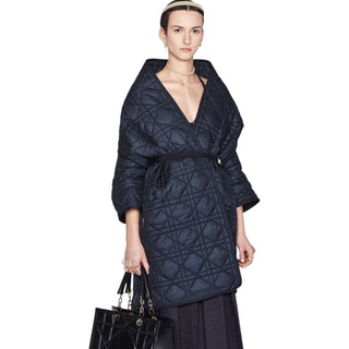Christian Dior Navy Macro Cannage Belted Quilted Scarf Coat