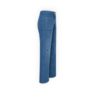 Chanel Blue Denim Embroidered Logo High-Waisted Wide-Leg Jeans FR 36