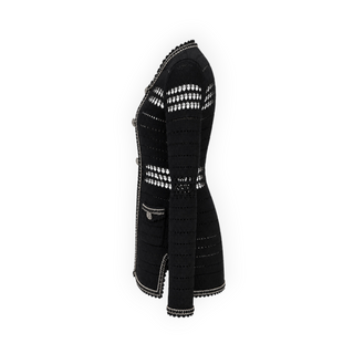 Chanel Black Openwork Knit Chain-Trim Long Cardigan Jacket Size 36