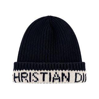 Christian Dior Navy Blue and Ivory Wool Cashmere Knit Beanie Hat and Logo Scarf Two-Piece Set