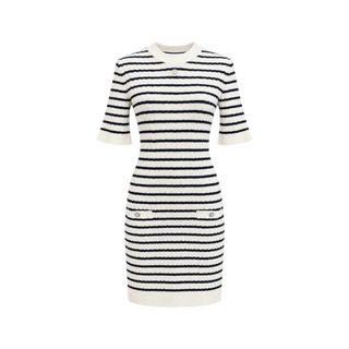 Chanel Ivory & Navy Striped Open-Back Knit Midi Dress Size FR 36