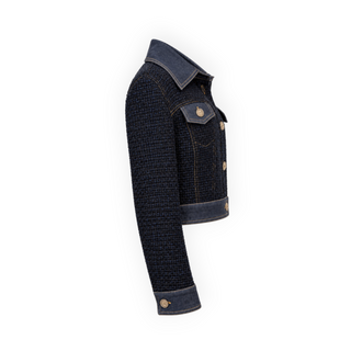 Chanel Navy Blue Tweed Denim Trim Cropped Jacket Size FR 38