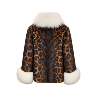 Dolce & Gabbana Brown Leopard Print Muskrat Fur Coat with Ivory Arctic Fox Fur Trim