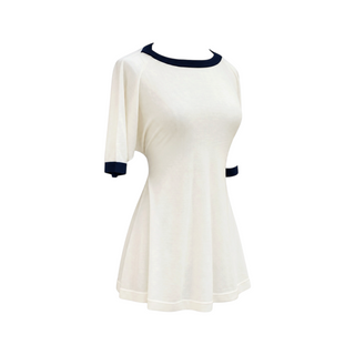 Chanel Ivory and Navy Blue Contrast Trim Belted Mini Dress FR 34