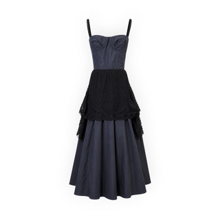 Christian Dior Navy Silk Taffeta Black Lace Bustier Evening Gown Size FR 36