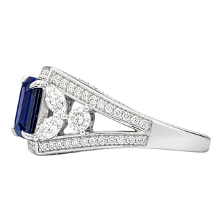 Bella Ling Custom Lab-Grown Sapphire & Diamond Halo Statement Ring in White Gold Plated Sterling Silver