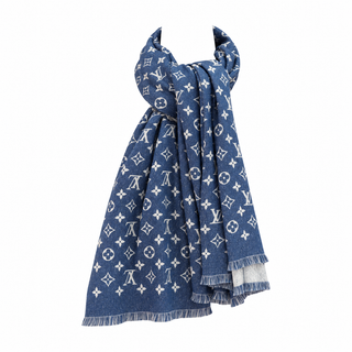 Louis Vuitton Blue and White Monogram Cotton Wool Silk Fringed Shawl Scarf