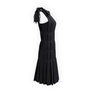 Chanel Black Metallic Tweed Fringed Shoulder Midi Dress FR 34