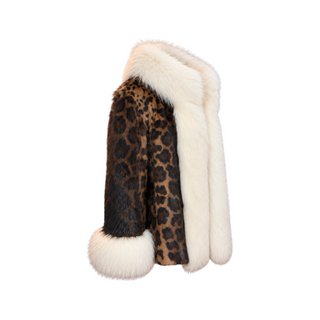 Dolce & Gabbana Brown Leopard Print Muskrat Fur Coat with Ivory Arctic Fox Fur Trim