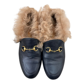 Gucci Black Leather Horsebit Fur Backless Loafers