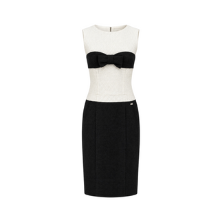 Chanel Black & White Two-Tone Tweed Jacket & Bow Detail Dress Set Size FR 38