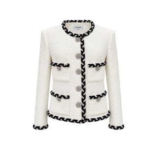 Chanel Ivory Tweed Jacket with Black & White Braided Trim Size FR 36