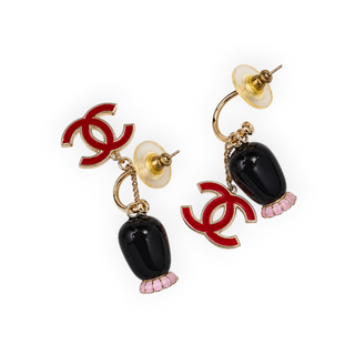 Chanel Red & Black Enamel CC Doll Charm Drop Earrings