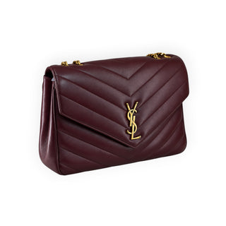 Saint Laurent Burgundy Large Loulou Chevron Quilted Leather Shoulder Bag with Gold-Tone Hardware