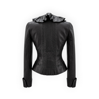 Chanel Black Lambskin Leather Pleated Ruffle Jacket FR 36
