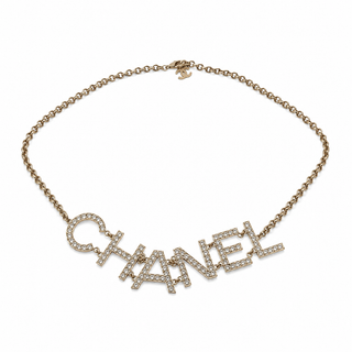 Chanel Champagne Gold-Tone Crystal Logo Letter Necklace/Belt
