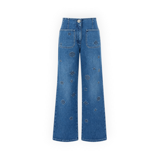 Chanel Blue Denim Embroidered Logo High-Waisted Wide-Leg Jeans FR 36