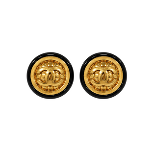 Chanel Black & Gold CC Quilted Round Clip-On Earrings