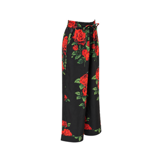 Dolce & Gabbana Black Red Rose Print Silk Wide-Leg Trousers IT 42