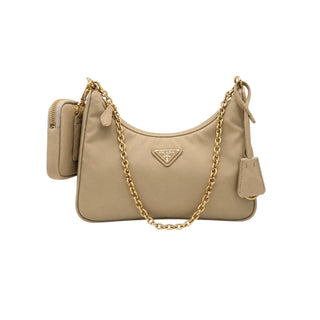 Prada Beige Re-Edition 2005 Re-Nylon Shoulder Bag with Gold Chain and Mini Pouch
