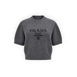 Prada Grey Wool and Cashmere Logo Short Sleeve Knit Top IT 38