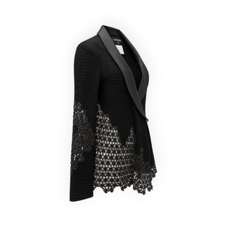 Chanel Black Textured Knit Lace Detail Blazer with Satin Shawl Collar FR 38