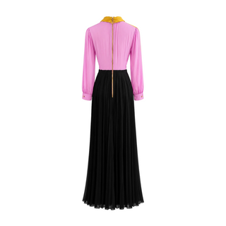Gucci Pink Yellow and Black Silk Bow Pleated Maxi Dress IT 40
