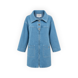Chanel Light Blue Denim Longline Zip-Up Jacket Size FR 42