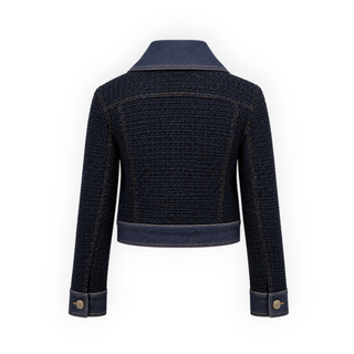 Chanel Navy Blue Tweed Denim Trim Cropped Jacket Size FR 38