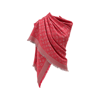 Louis Vuitton Coral Pink Multicolour Monogram Shine Silk and Wool Jacquard Shawl Scarf
