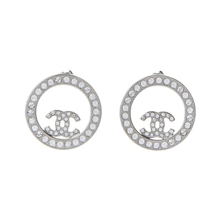 Chanel Silver Crystal CC Round Earrings