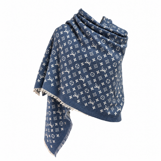 Louis Vuitton Blue and White Monogram Cotton Wool Silk Fringed Shawl Scarf