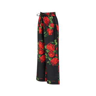Dolce & Gabbana Black Red Rose Print Silk Wide-Leg Trousers IT 42