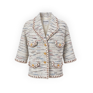 Chanel White Multicolor Tweed Braided Trim Jacket Size FR 44