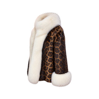 Dolce & Gabbana Brown Leopard Print Muskrat Fur Coat with Ivory Arctic Fox Fur Trim