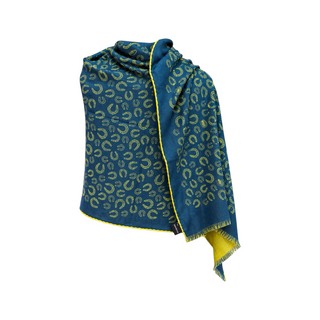 Hermès Blue and Yellow Reversible Horseshoe Motif Cashmere Silk Scarf