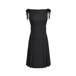 Chanel Black Metallic Tweed Fringed Shoulder Midi Dress FR 34