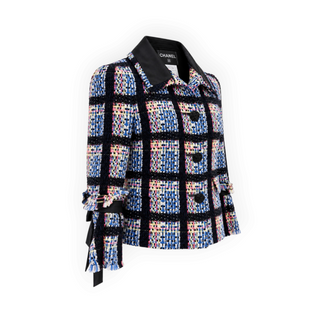 Chanel Black Multicolour Checked Tweed Jacket with Ruffle Cuffs Size FR 36