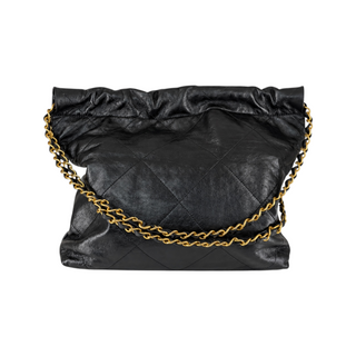Chanel Black Quilted Calfskin Leather CHANEL Logo Drawstring Shoulder Bag with Gold Hardware