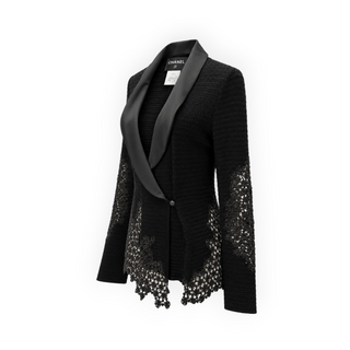 Chanel Black Textured Knit Lace Detail Blazer with Satin Shawl Collar FR 38