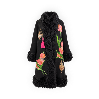 Dolce & Gabbana Black Kalgan Lamb Fur Floral Embroidered Coat IT 40