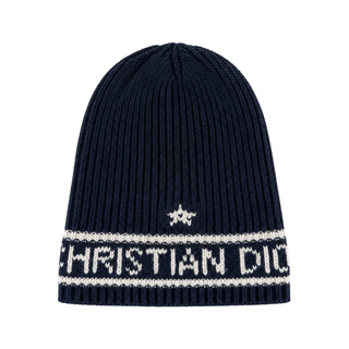 Christian Dior Navy Blue and Ivory Wool Cashmere Knit Beanie Hat and Logo Scarf Two-Piece Set