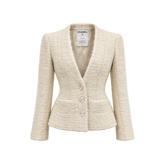 Chanel Cream Textured Tweed V-Neck Jacket Size FR 38