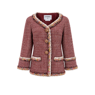 Chanel Burgundy Metallic Tweed Multicolour Trim Jacket Size FR 40