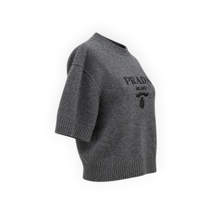 Prada Grey Wool and Cashmere Logo Short Sleeve Knit Top IT 38