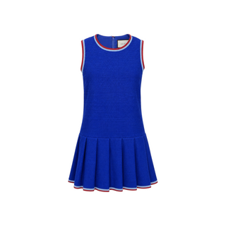 Gucci Royal Blue Wool Blend Sleeveless Pleated Mini Dress with Red and White Trim