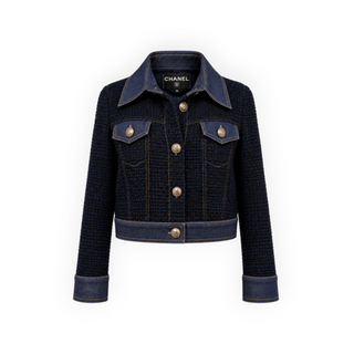 Chanel Navy Blue Tweed Denim Trim Cropped Jacket Size FR 38