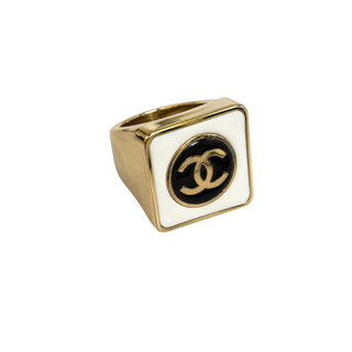 Chanel Gold, White & Black CC Logo Square Statement Ring